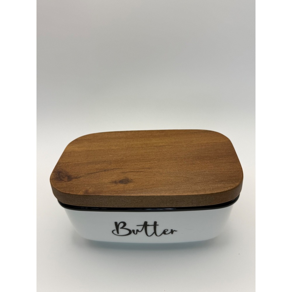 Alelion White Ceramic Butter Dish Natural Wood Lid Farmhouse Style Black Rim
